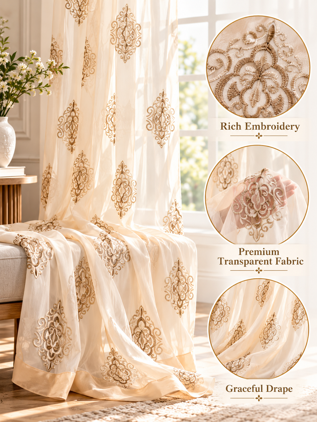 Parda Online Cream & Gold Embroidered Sheer Curtains for Living Room & Bedroom, Set of 2