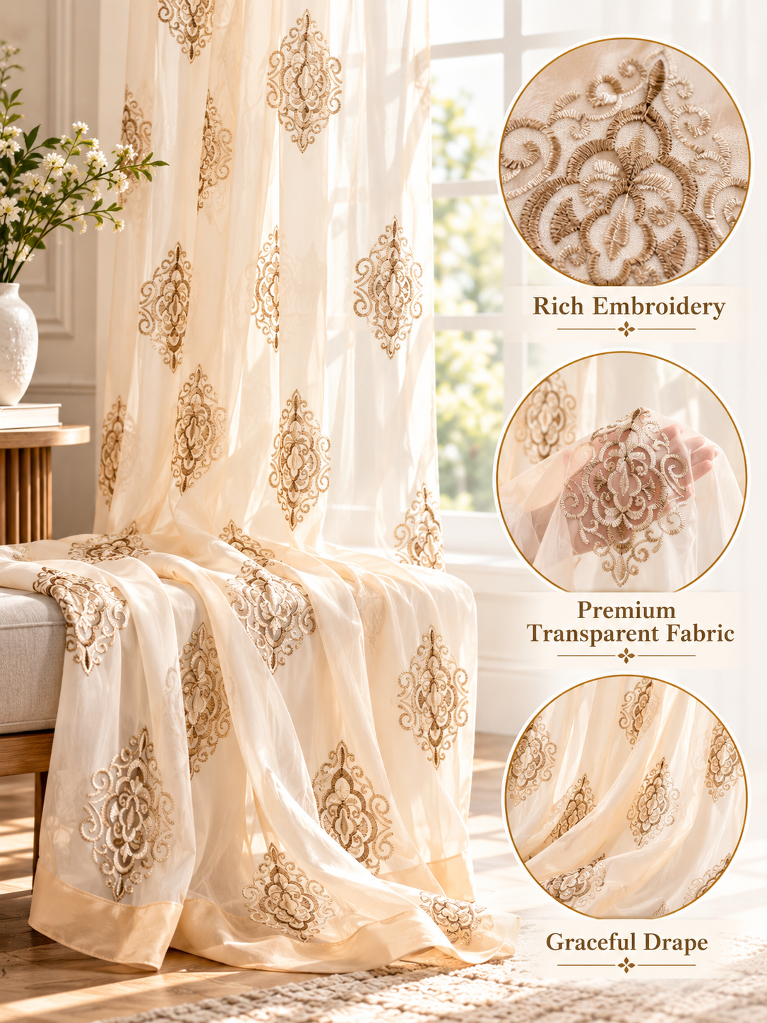 Parda Online Cream & Gold Embroidered Sheer Curtains for Living Room & Bedroom, Set of 2
