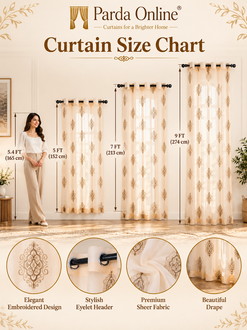 Parda Online Cream & Gold Embroidered Sheer Curtains for Living Room & Bedroom, Set of 2