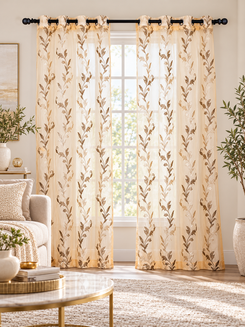 Parda Online Cream Gold Embroidered Sheer Tissue Curtains for Living Room & Bedroom, Set of 2