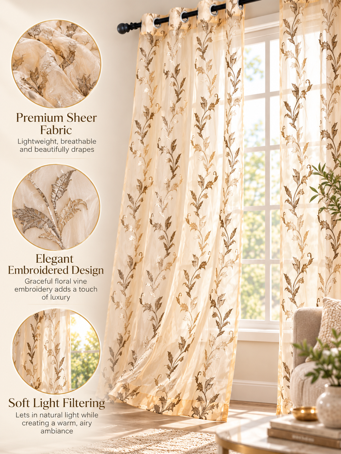 Parda Online Cream Gold Embroidered Sheer Tissue Curtains for Living Room & Bedroom, Set of 2