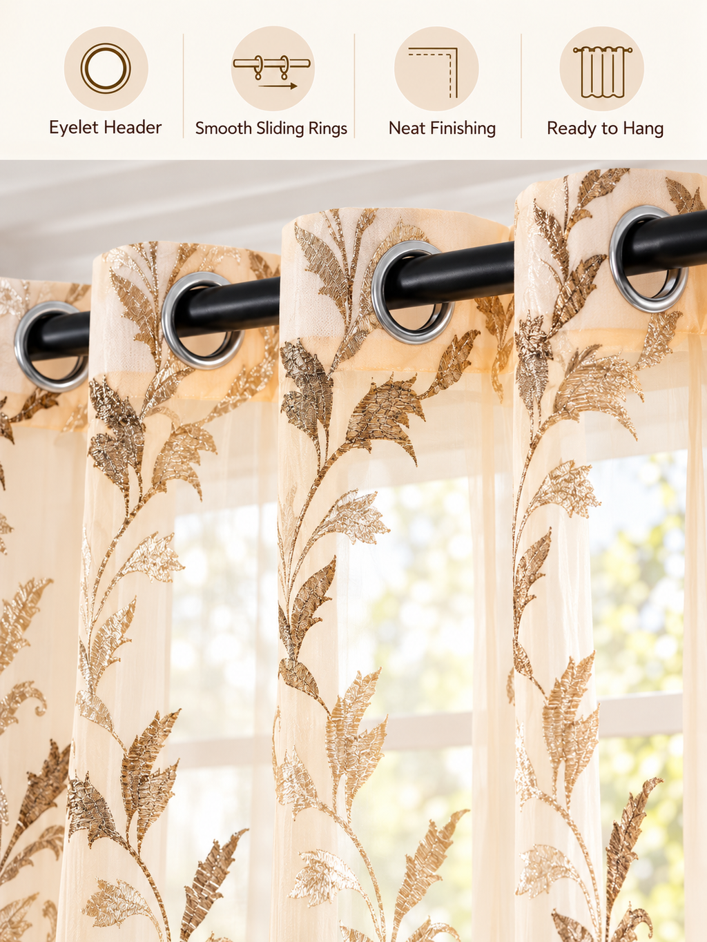 Parda Online Cream Gold Embroidered Sheer Tissue Curtains for Living Room & Bedroom, Set of 2