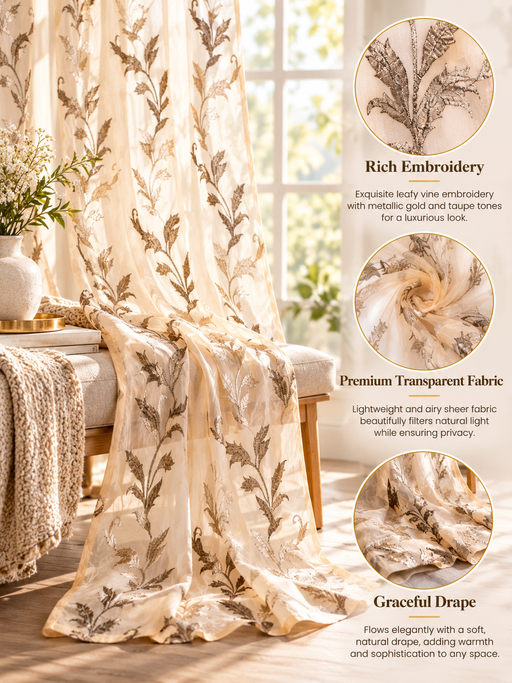 Parda Online Cream Gold Embroidered Sheer Tissue Curtains for Living Room & Bedroom, Set of 2