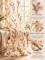 Parda Online Cream Gold Embroidered Sheer Tissue Curtains for Living Room & Bedroom, Set of 2