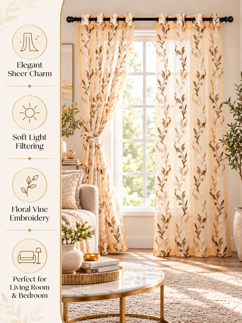 Parda Online Cream Gold Embroidered Sheer Tissue Curtains for Living Room & Bedroom, Set of 2