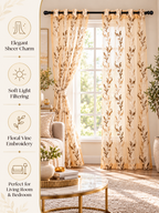 Parda Online Cream Gold Embroidered Sheer Tissue Curtains for Living Room & Bedroom, Set of 2