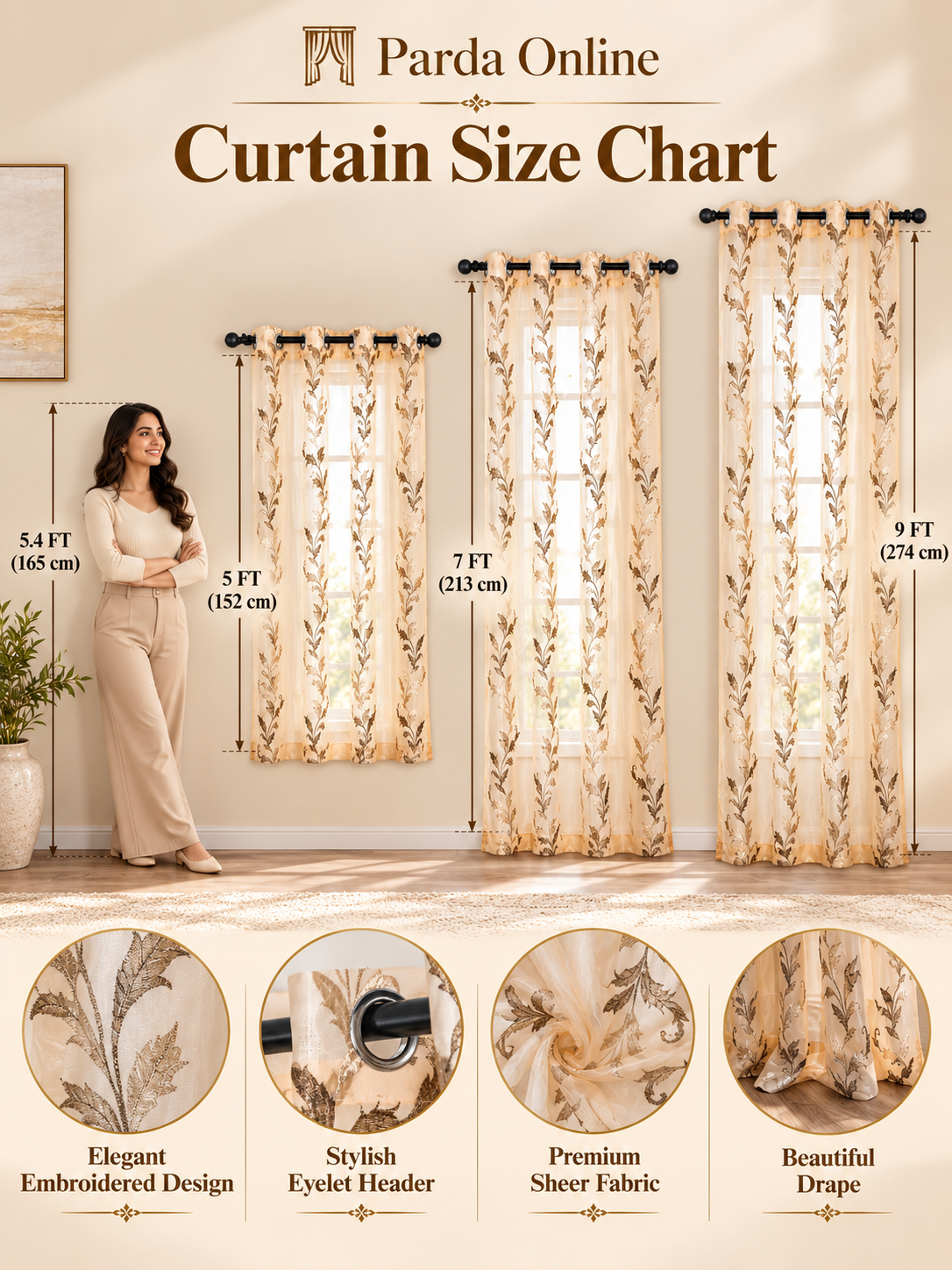 Parda Online Cream Gold Embroidered Sheer Tissue Curtains for Living Room & Bedroom, Set of 2