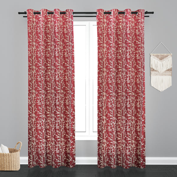 Doha Leaf Design PolyCott Fabric Curtain - Wine