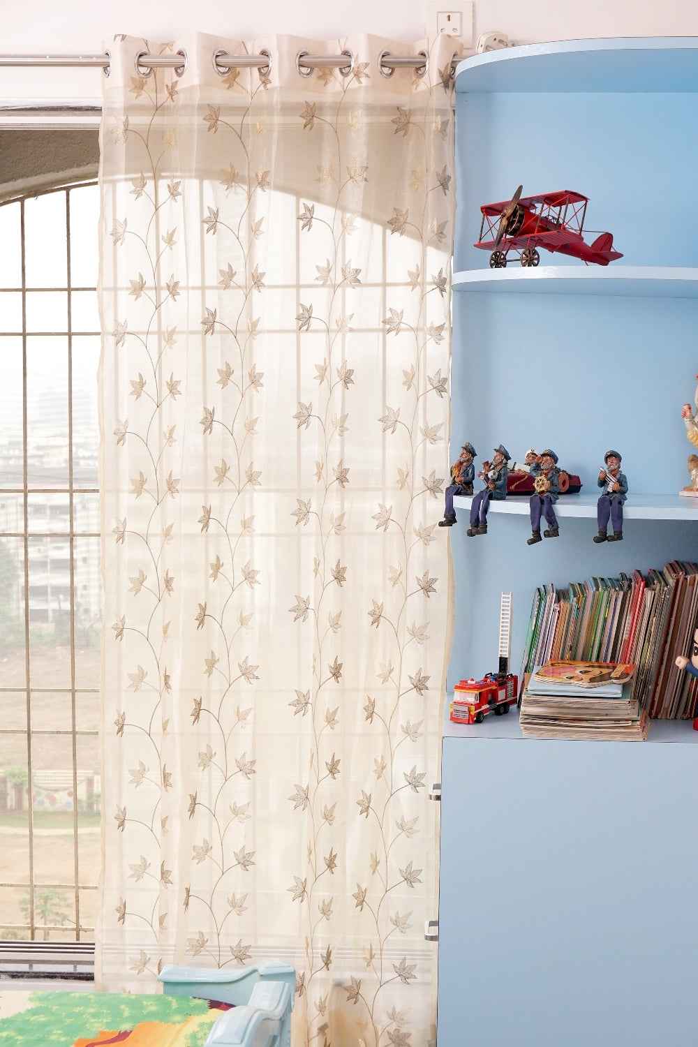 Sheer Tissue With Embroidery Flower Design Eyelet Window Curtain