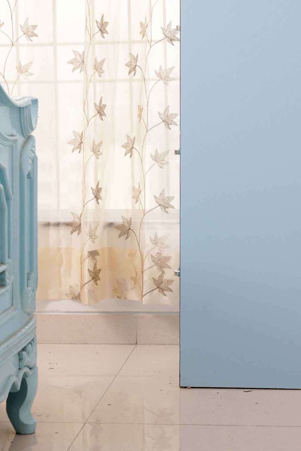 Sheer Tissue With Embroidery Flower Design Eyelet Window Curtain