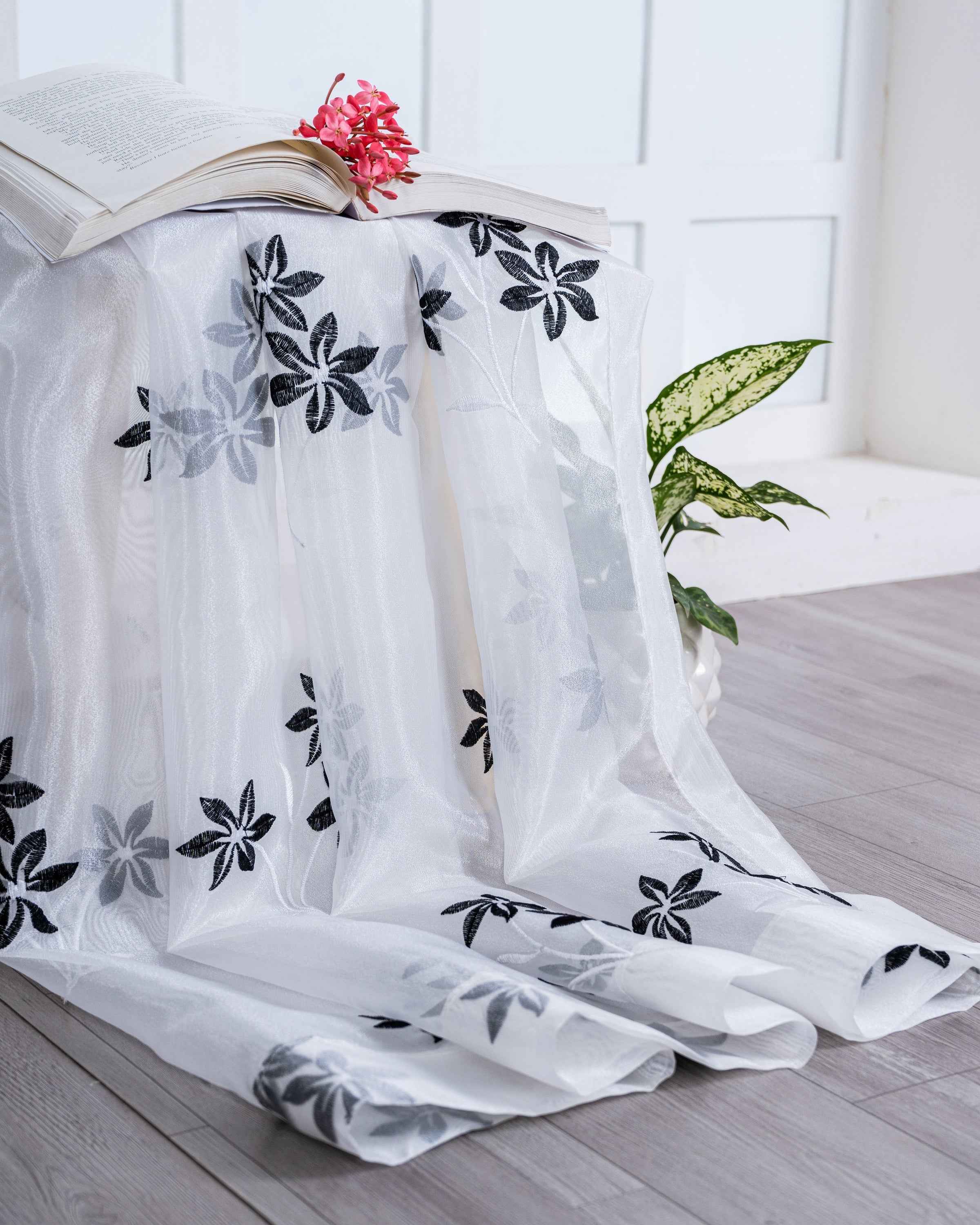 Parda online Premium 3 Flower Embroidery Tissue Curtain with Soft & Durable Fabric