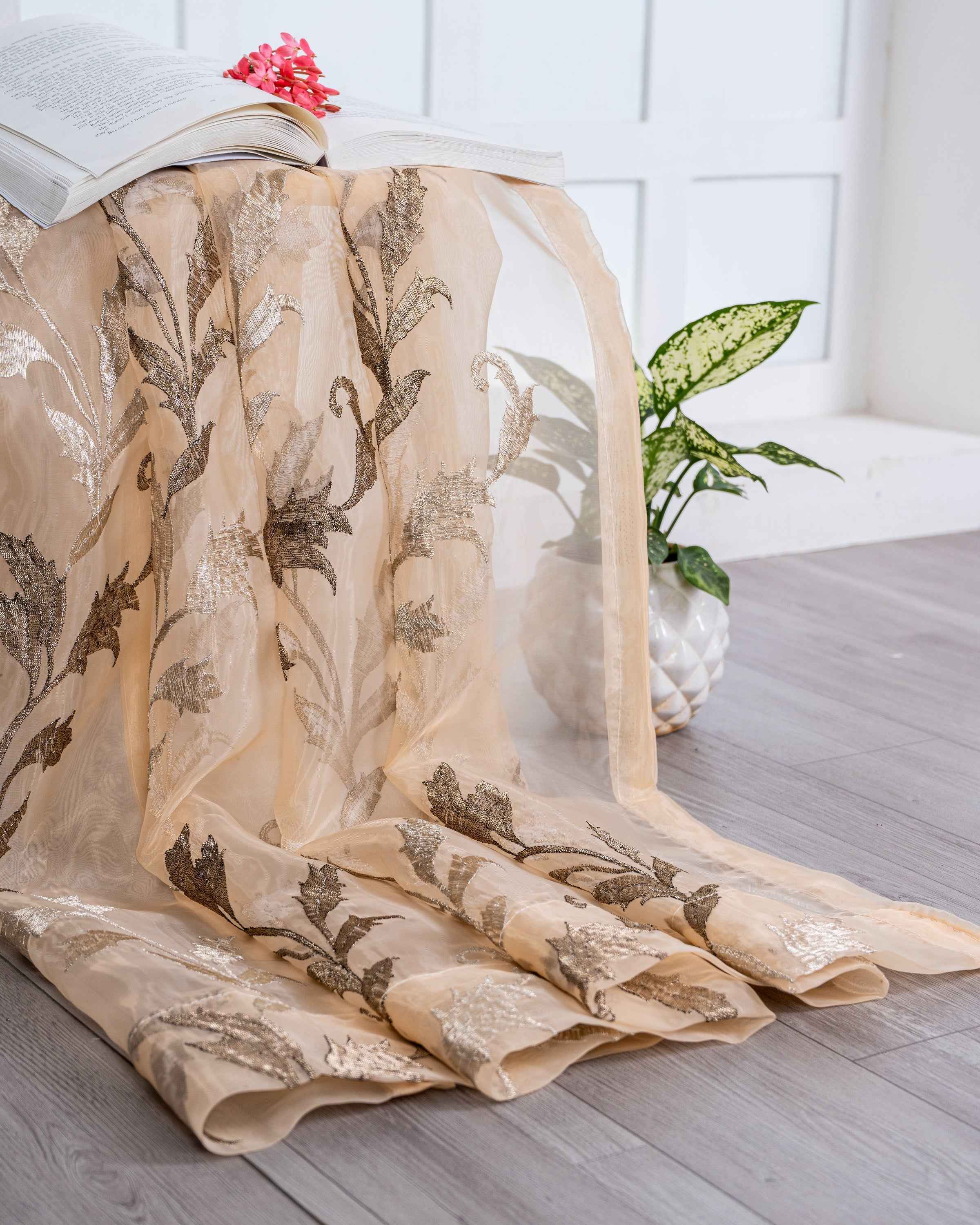 Parda online Premium Leaf Design Embroidery Tissue Curtain with Soft & Durable Fabric