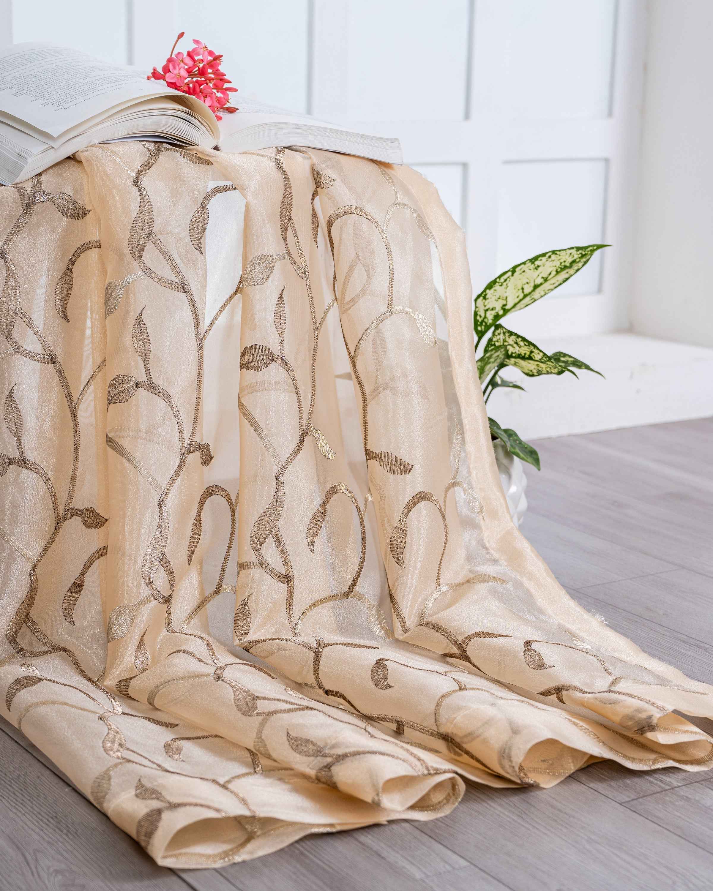 Parda online Premium Floral Design Embroidery Tissue Fabric Curtain with Soft & Durable