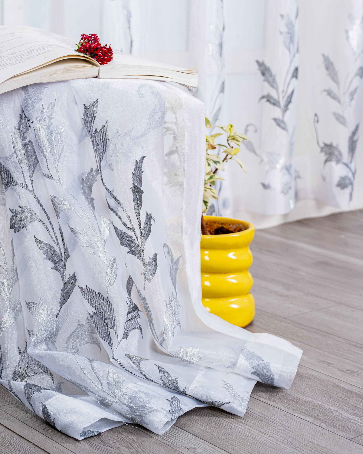 Parda online Premium Leaf Design Embroidery Tissue Curtain with Soft & Durable Fabric