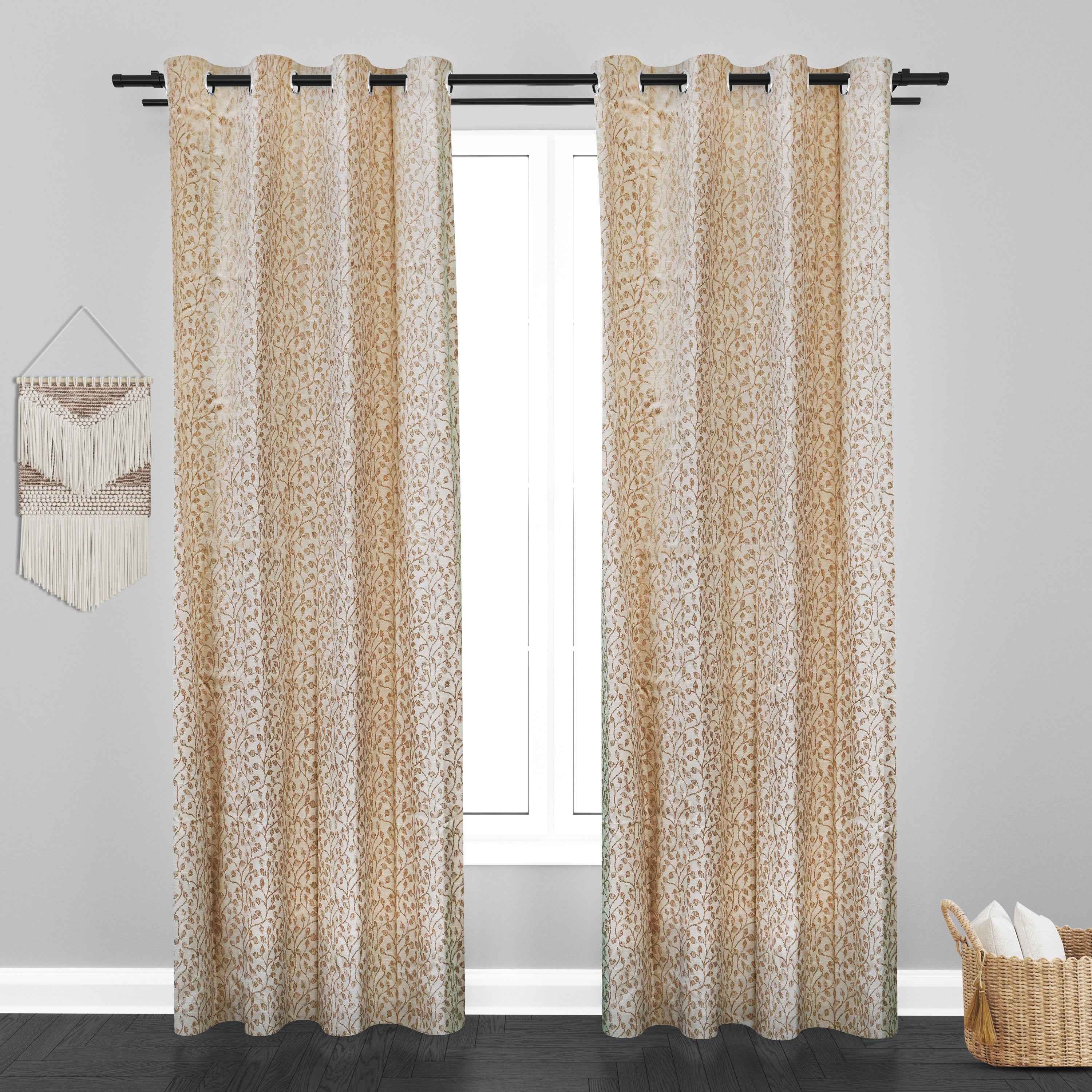 Glamour Small Keaf Design Soft Jaquard Fabric Curtain - Ivory