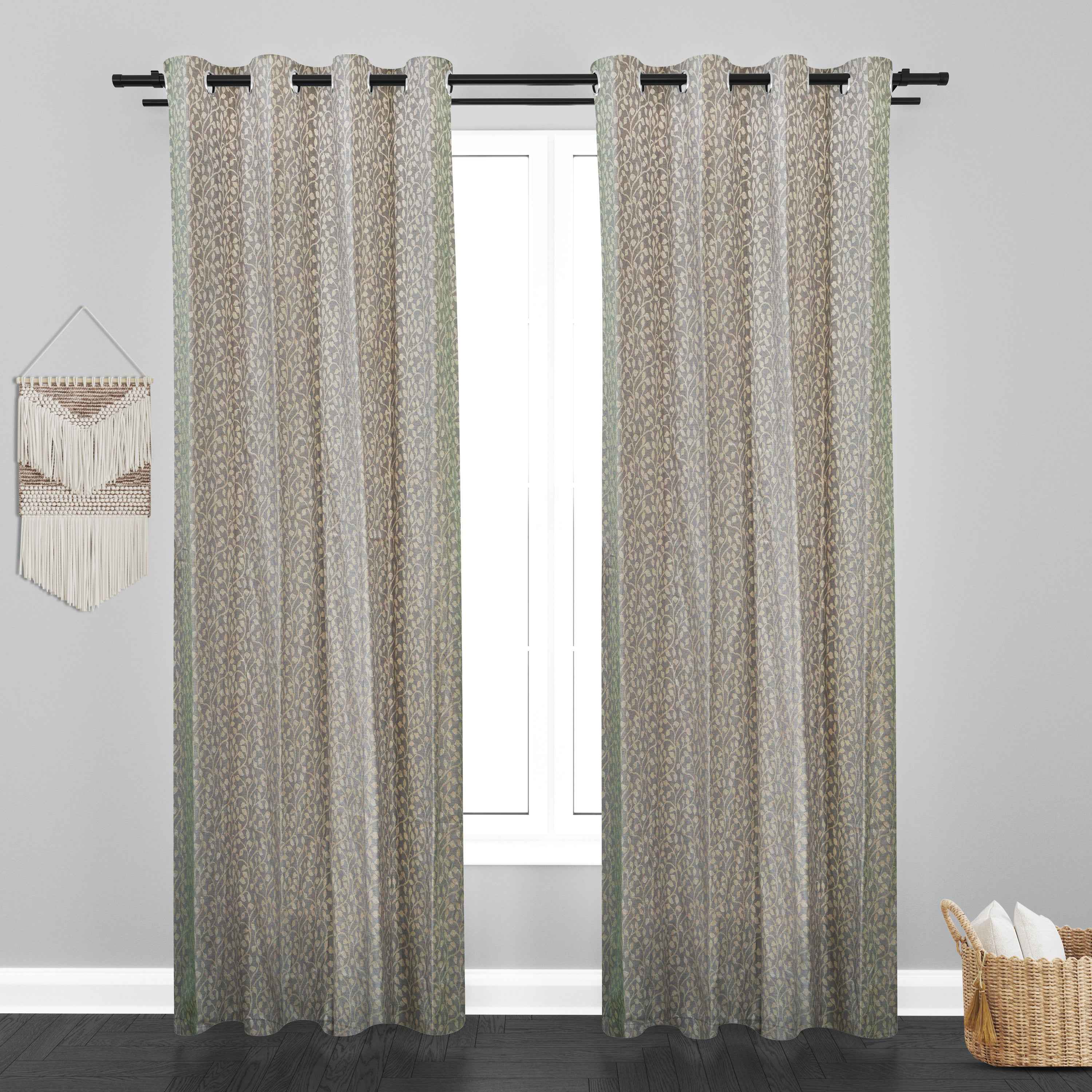 Glamour Small Keaf Design Soft Jaquard Fabric Curtain - Grey