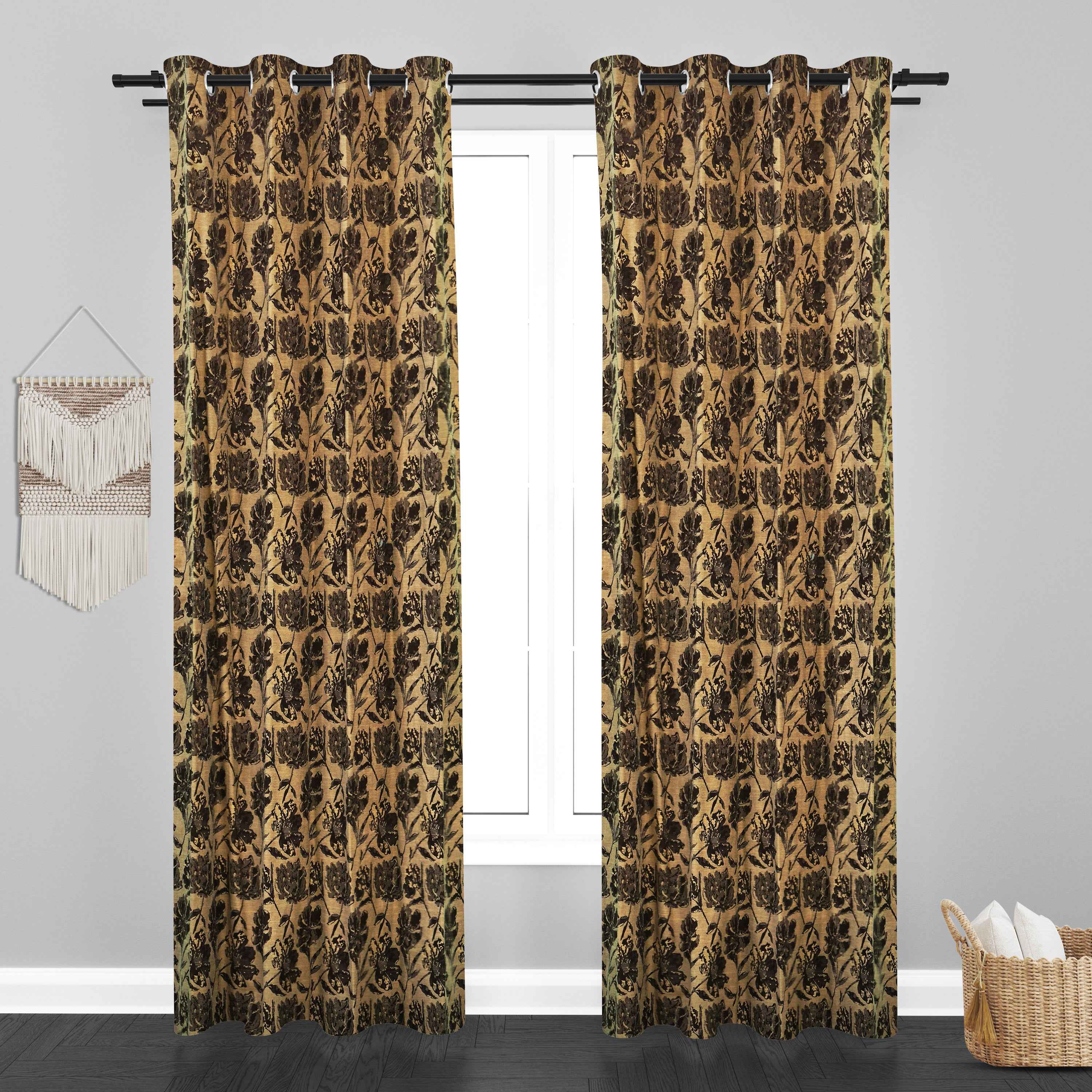 Glamour Floral Leaf Design Soft Jaquard Fabric Curtain -Brown
