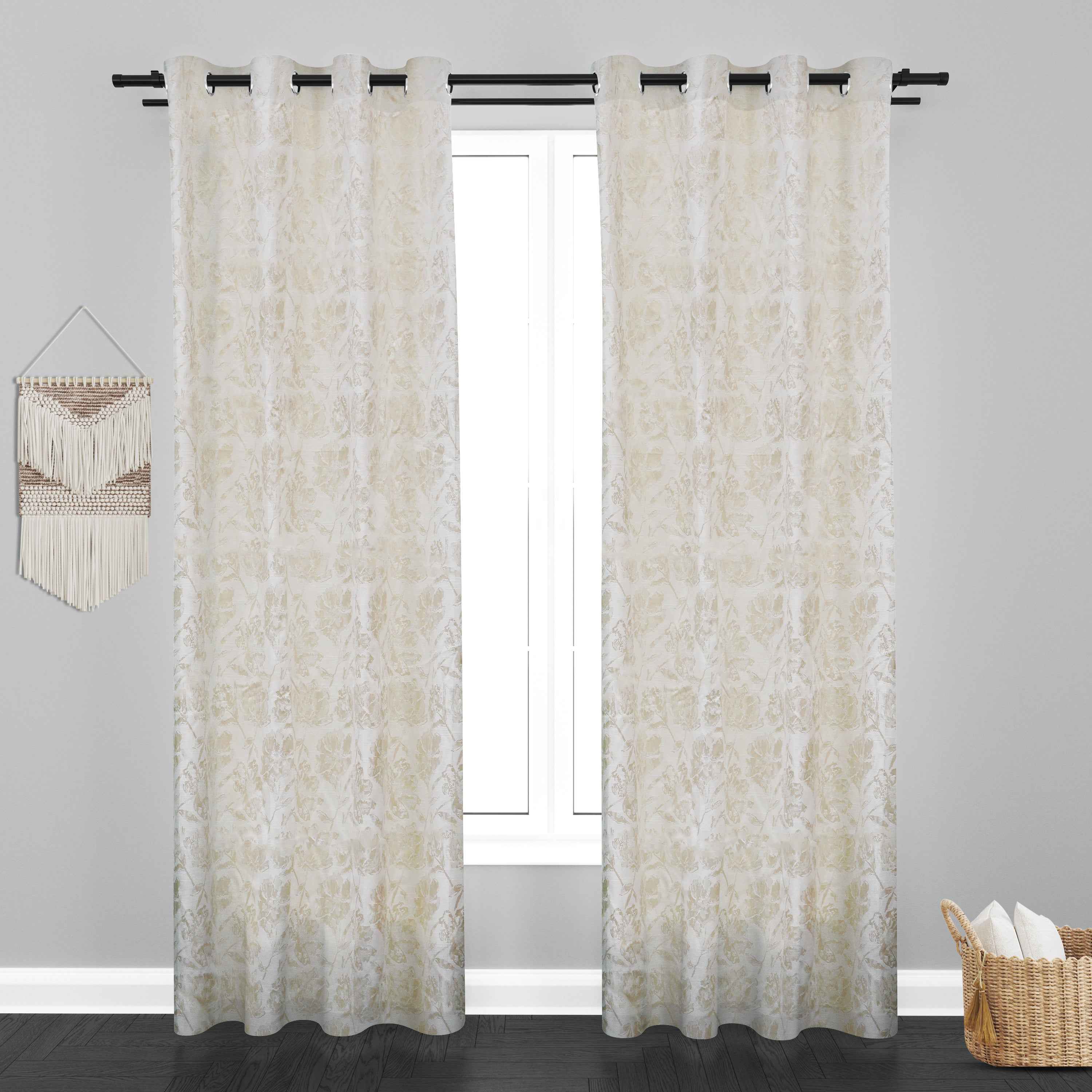 Glamour Floral Leaf Design Soft Jaquard Fabric Curtain - Off White