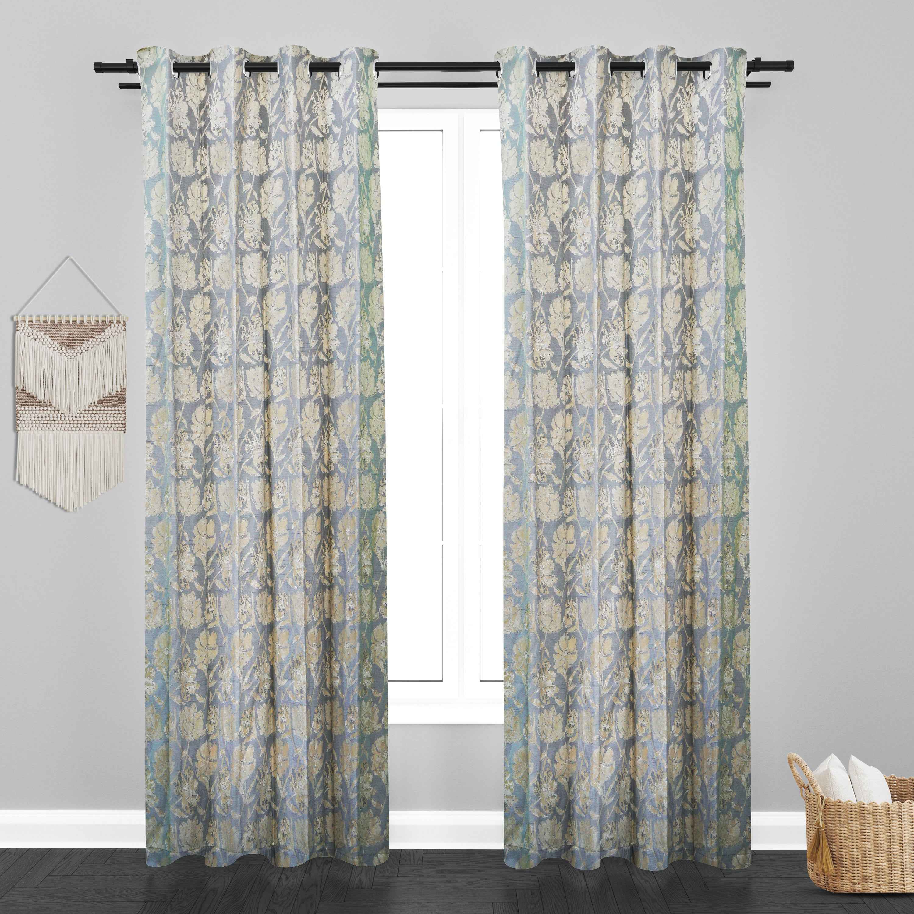 Glamour Floral Leaf Design Soft Jaquard Fabric Curtain - Grey