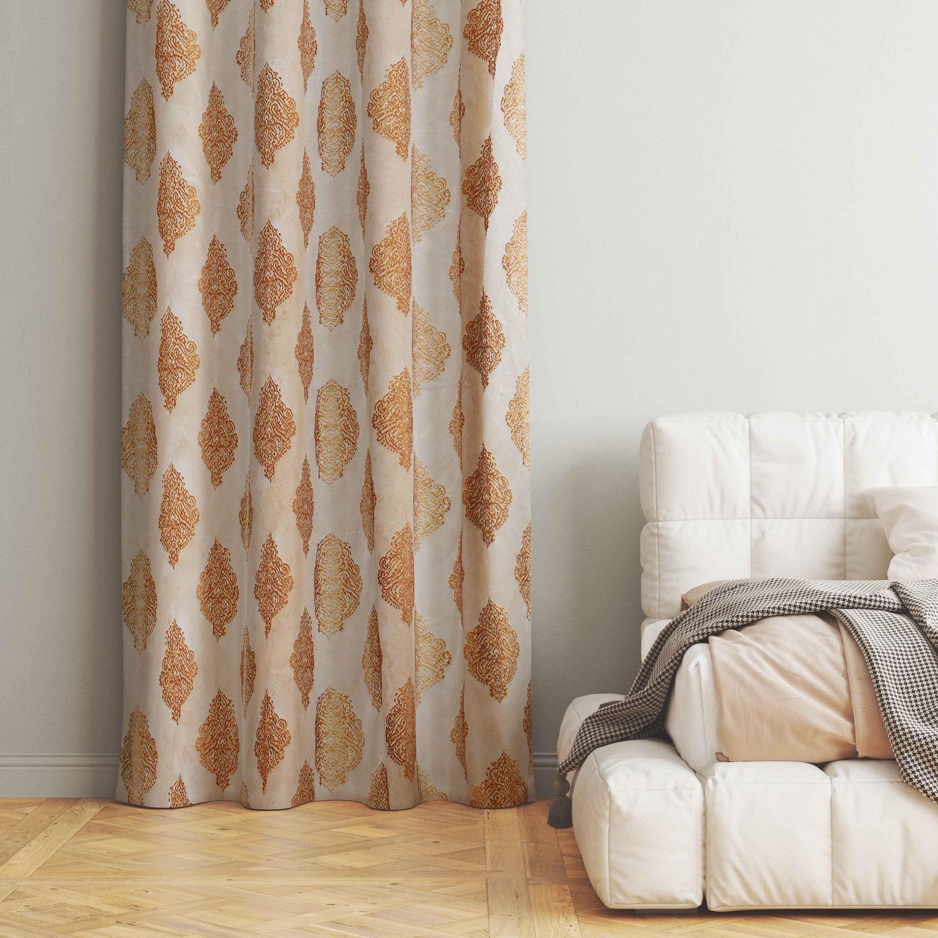 Manila  Damask Design Jaquard Fabric Curtain -Beige