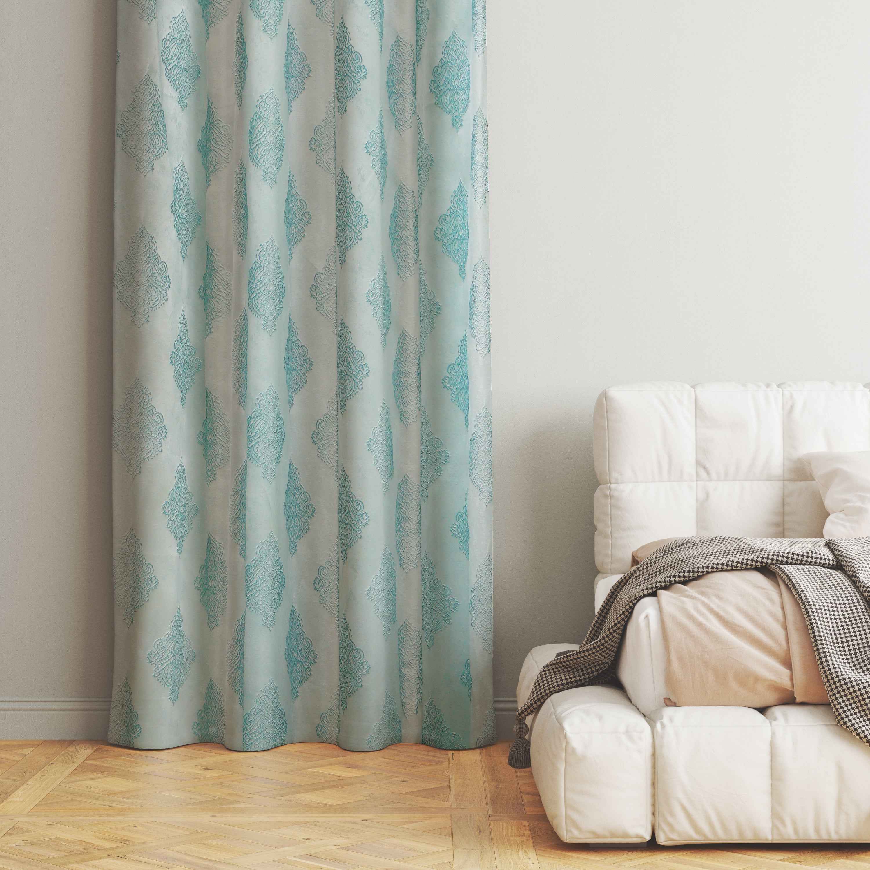 Manila  Damask Design Jaquard Fabric Curtain -Sky Blue