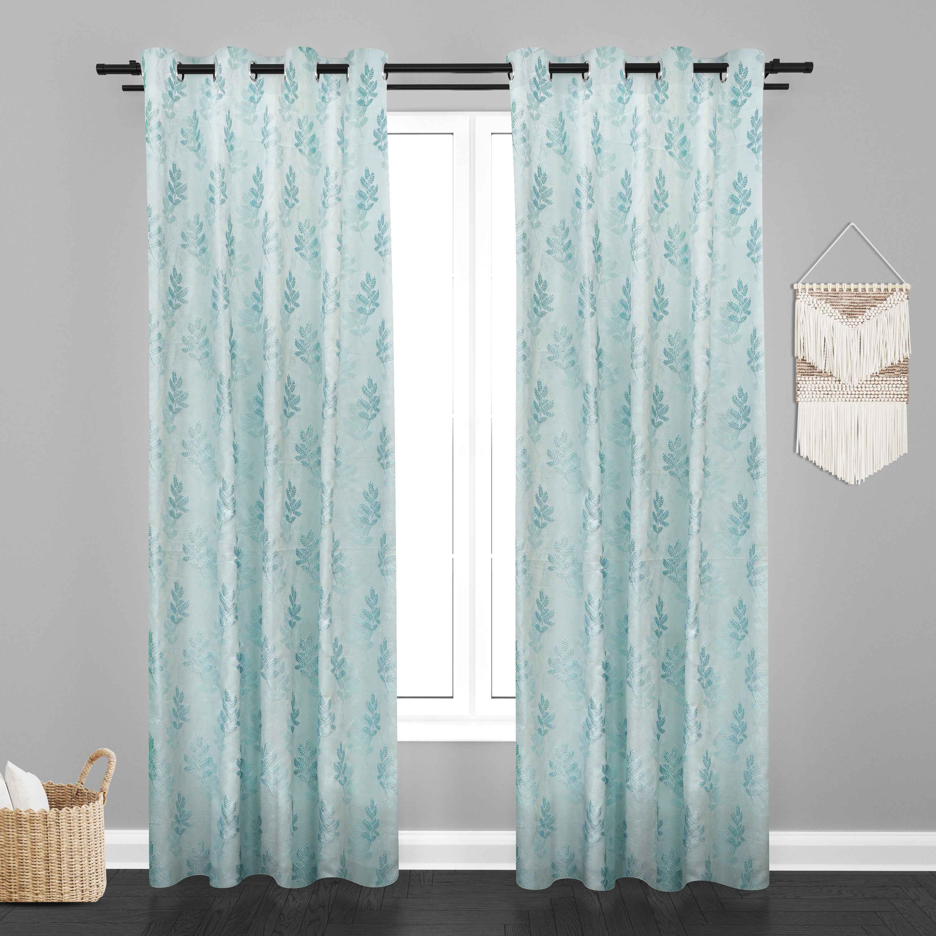 Manila  Floral Design Jaquard Fabric Curtain -Sky Blue
