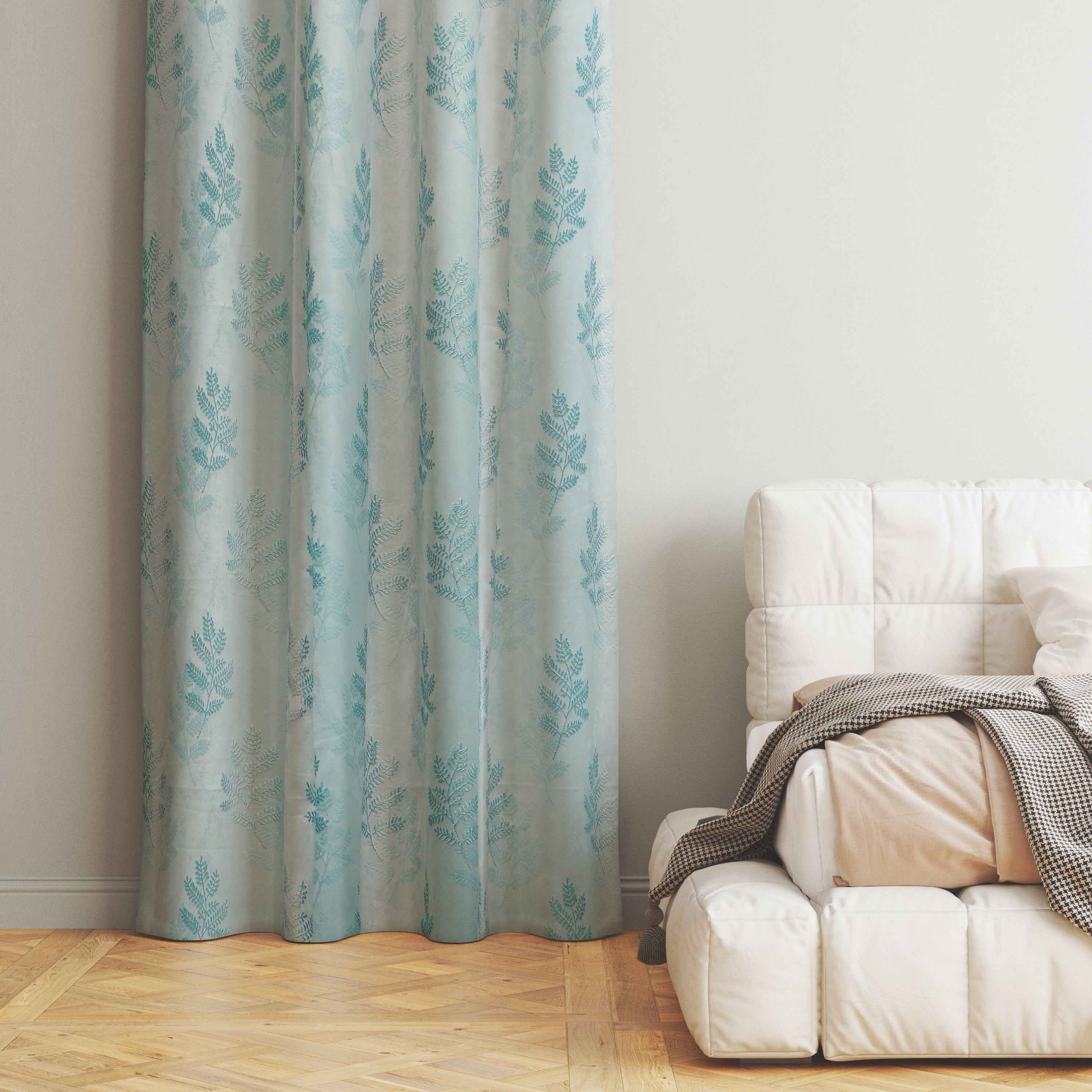 Manila  Floral Design Jaquard Fabric Curtain -Sky Blue