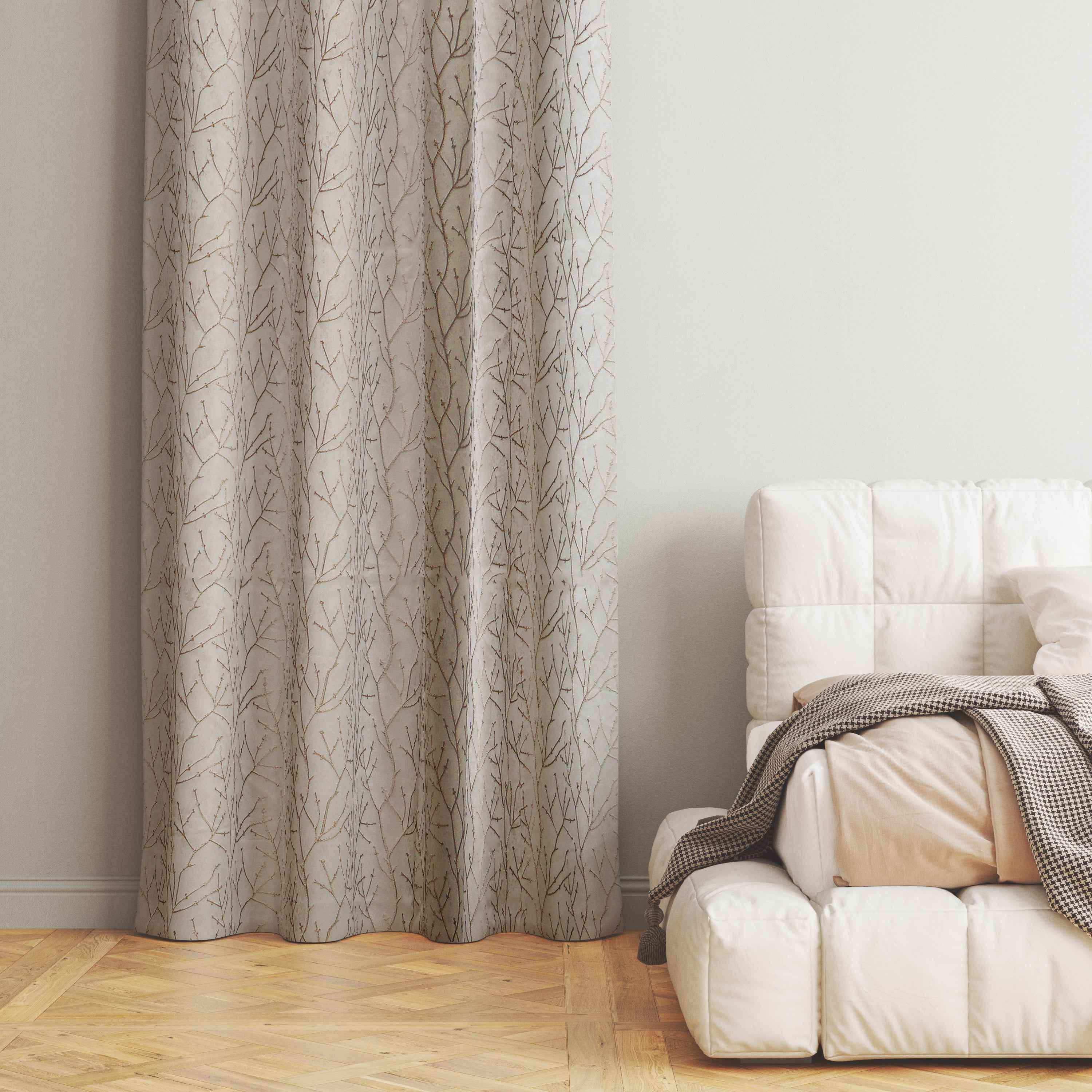Manila  Floral Design Jaquard Fabric Curtain -Light Brown