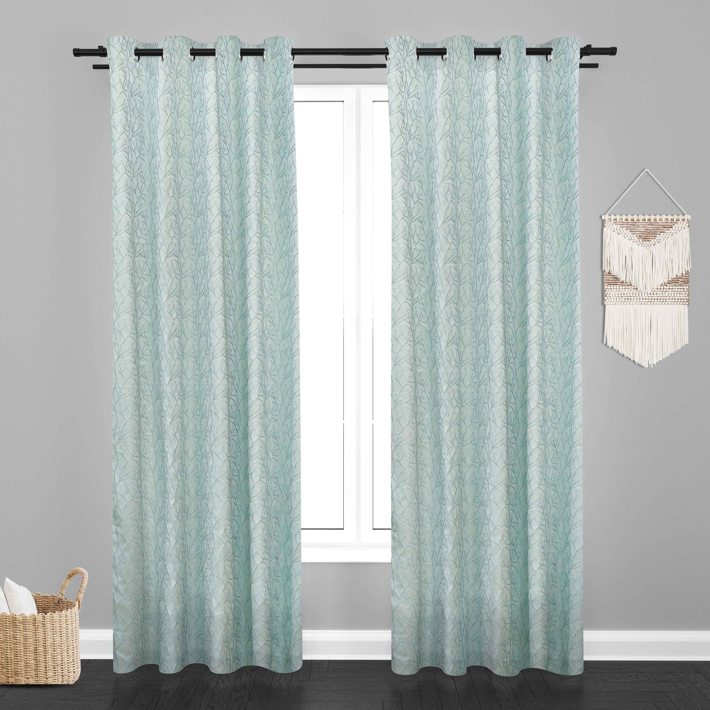 Manila  Floral Design Jaquard Fabric Curtain -Sky Blue