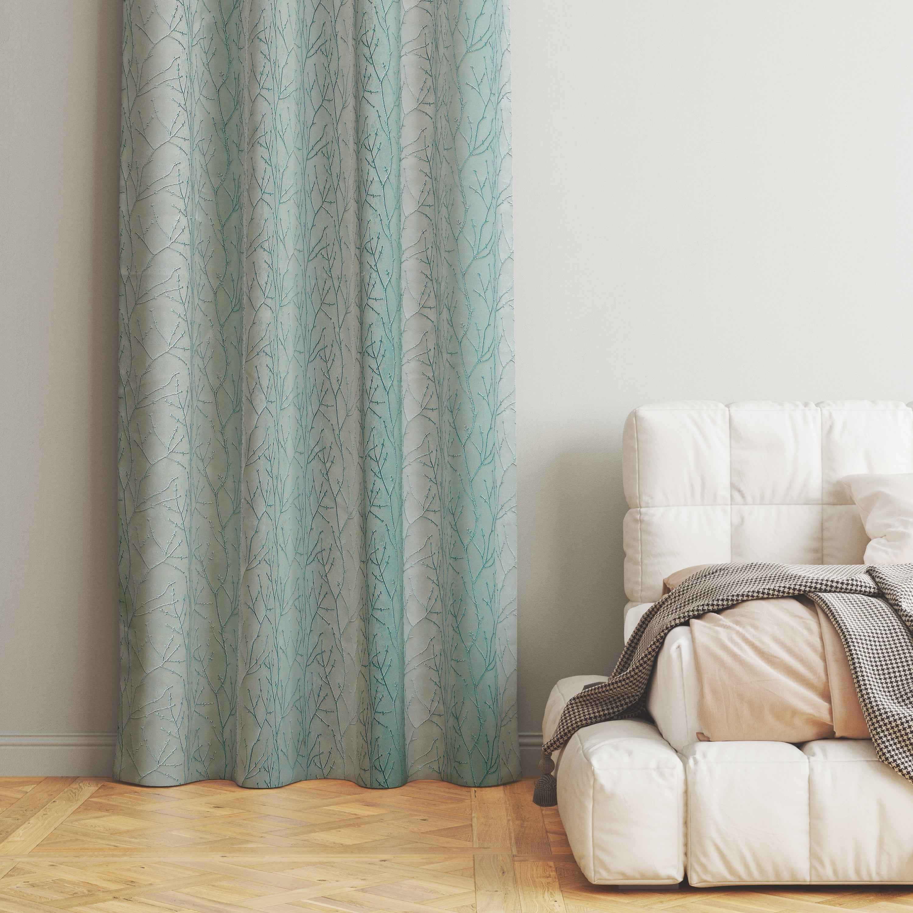 Manila  Floral Design Jaquard Fabric Curtain -Sky Blue