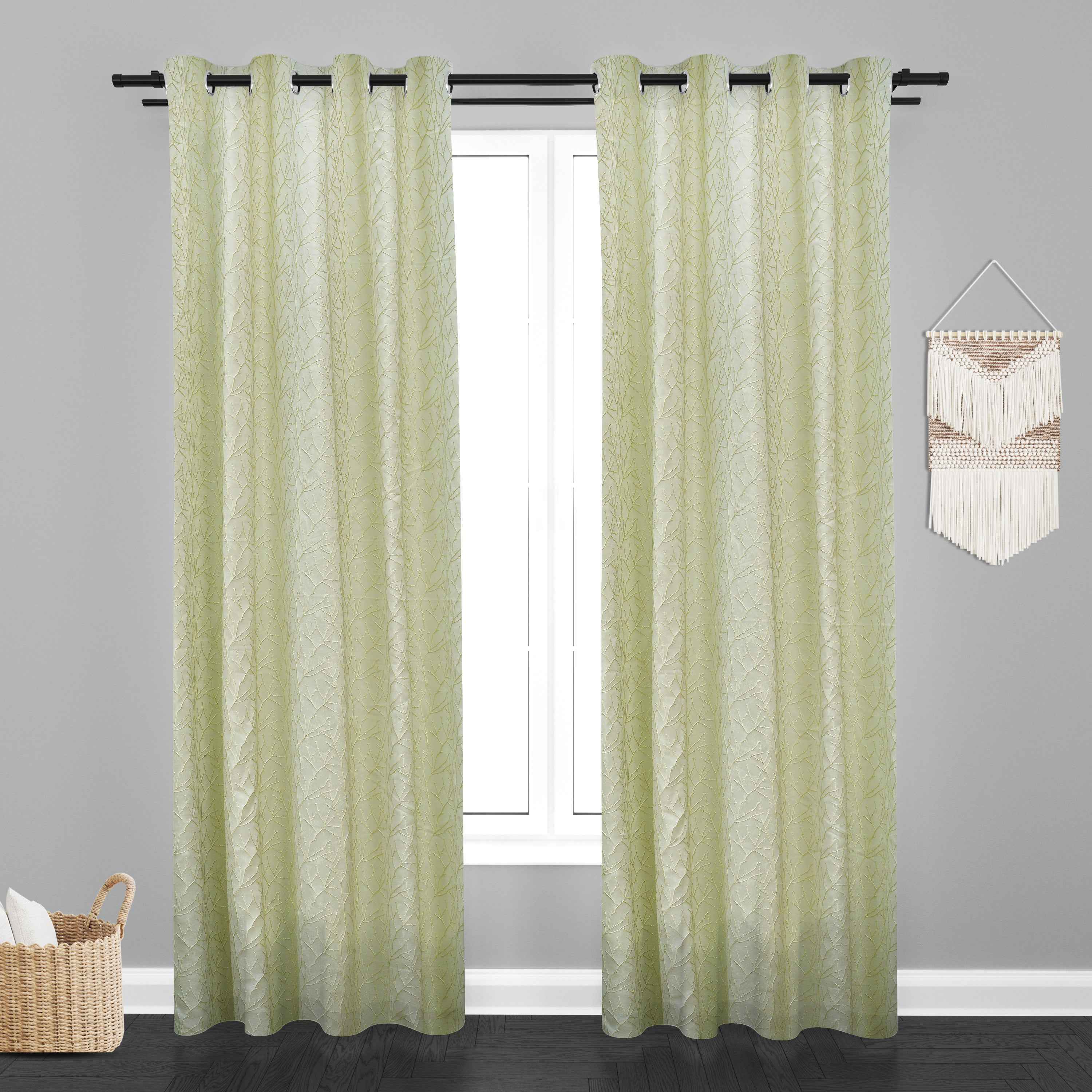 Manila  Floral Design Jaquard Fabric Curtain -Light Green