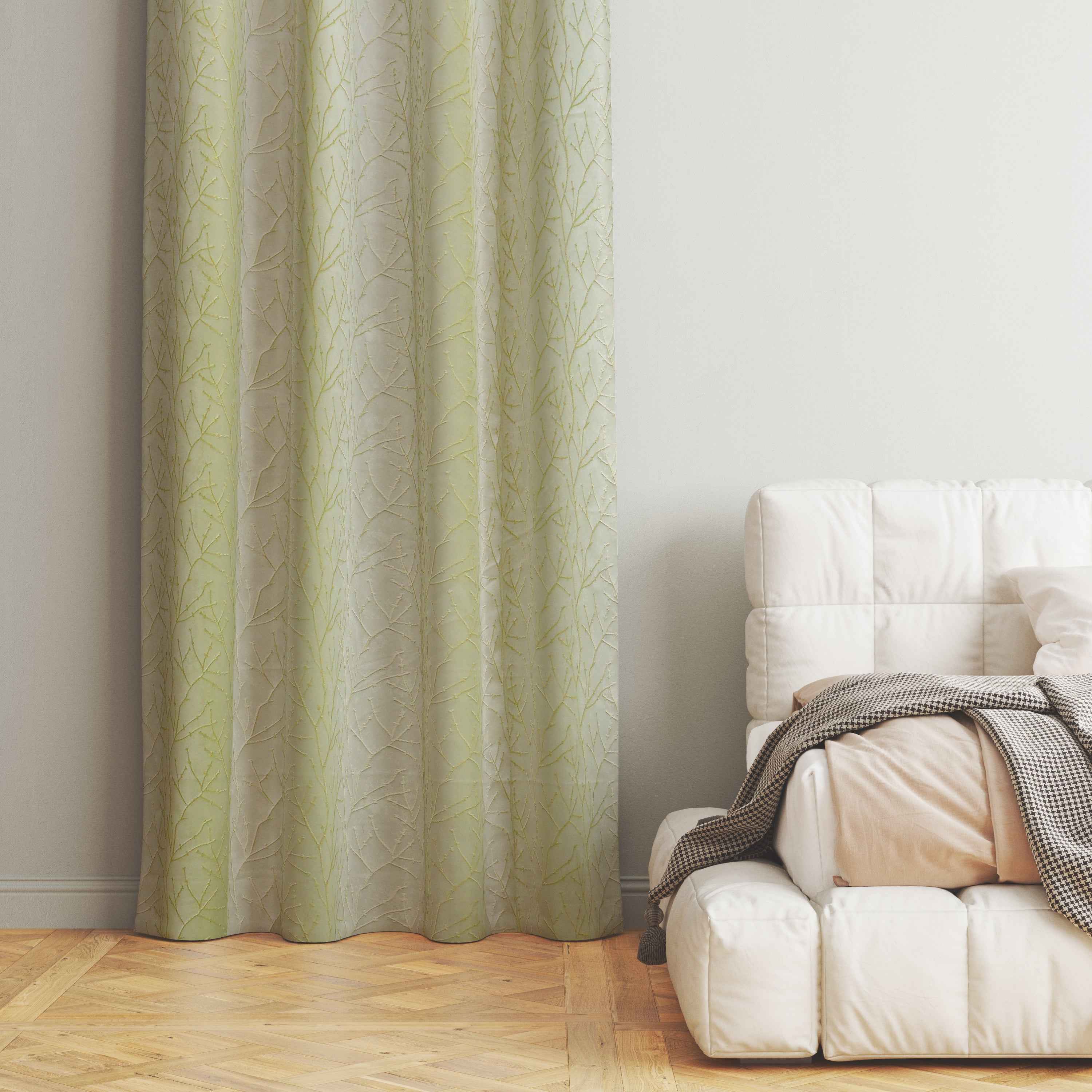 Manila  Floral Design Jaquard Fabric Curtain -Light Green