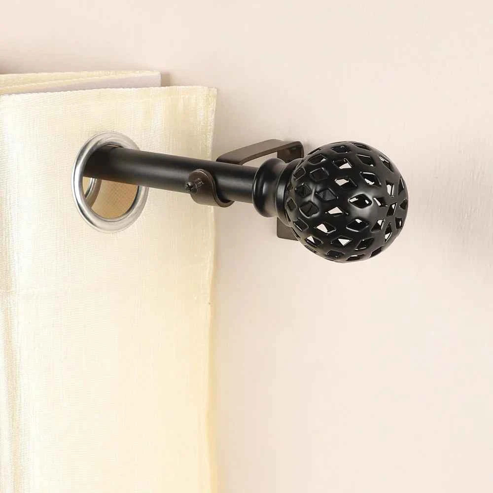 Perforated Black Metal Finial Extendable Curtain Rod Black 19MM (Hardware Included)