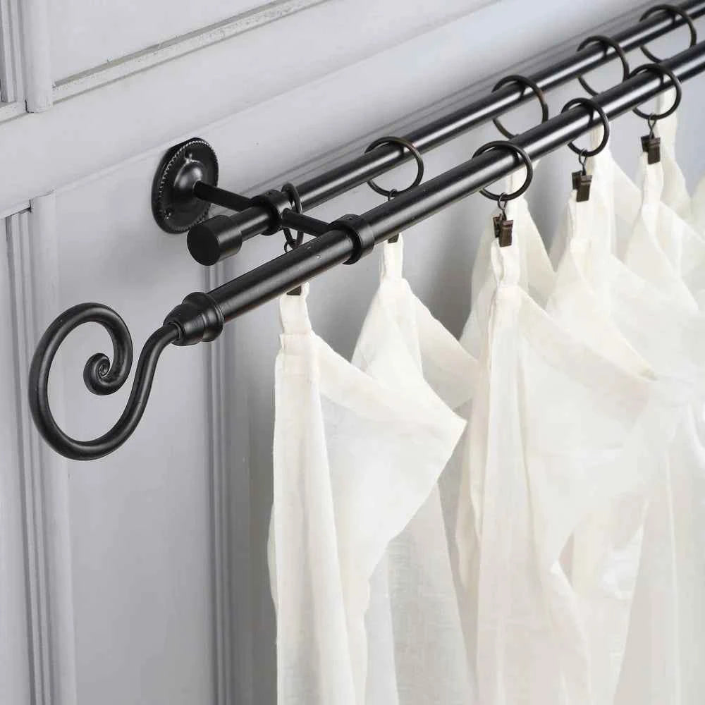 Spiral Metal Finial Extendable Double Curtain Rod Black 19MM (Hardware Included)