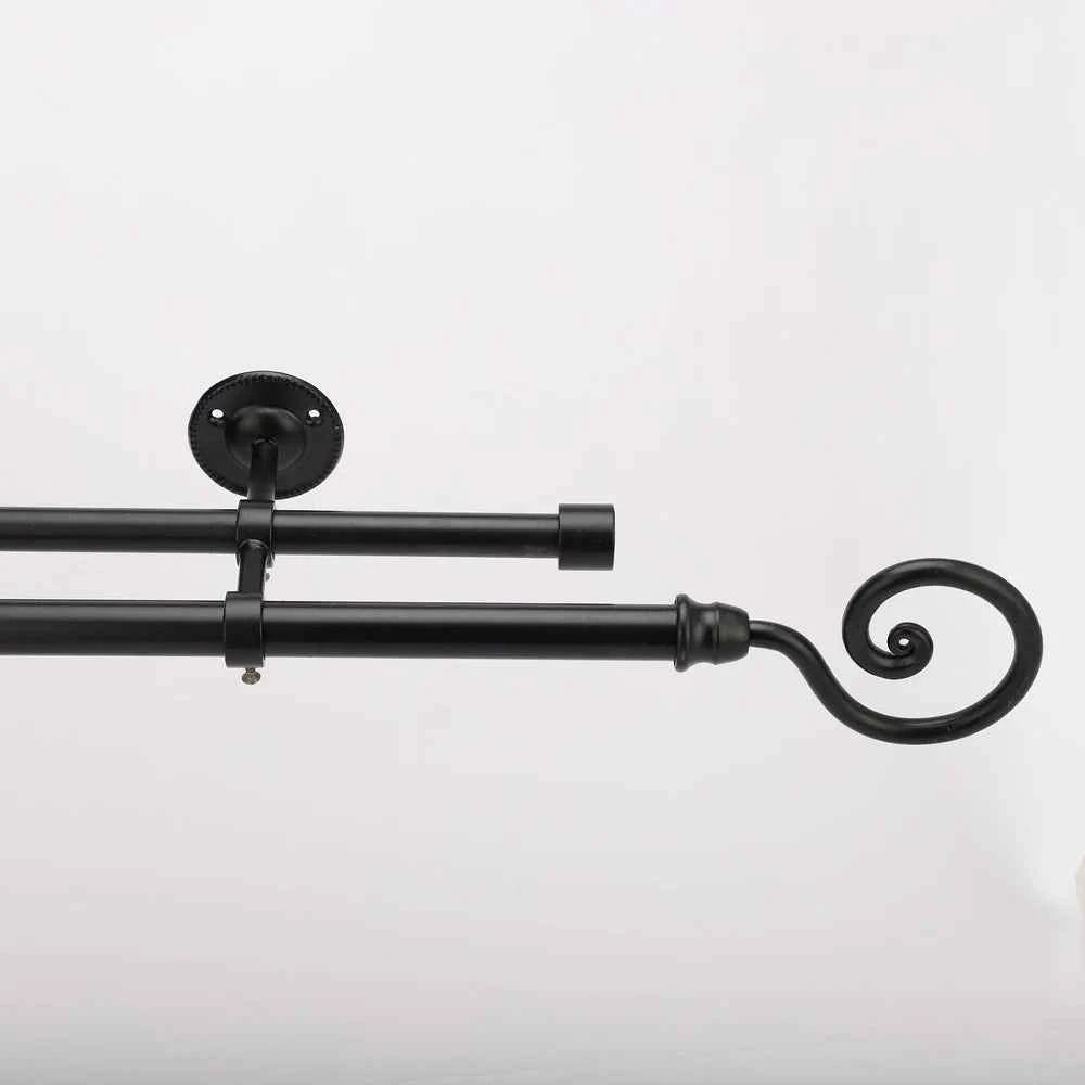 Spiral Metal Finial Extendable Double Curtain Rod Black 19MM (Hardware Included)