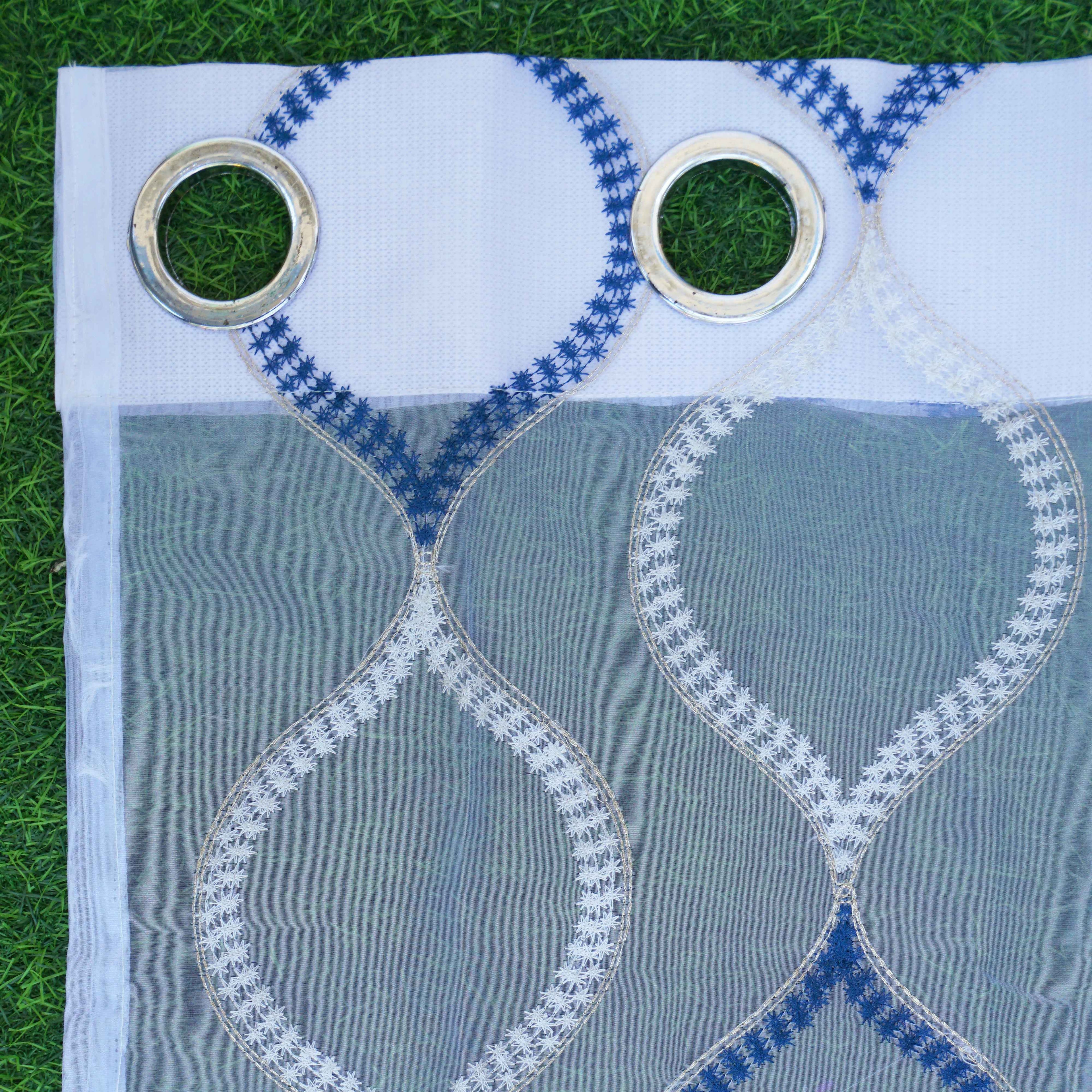 Sheer Tissue Eyelet Geometric Design Blue Window Curtain