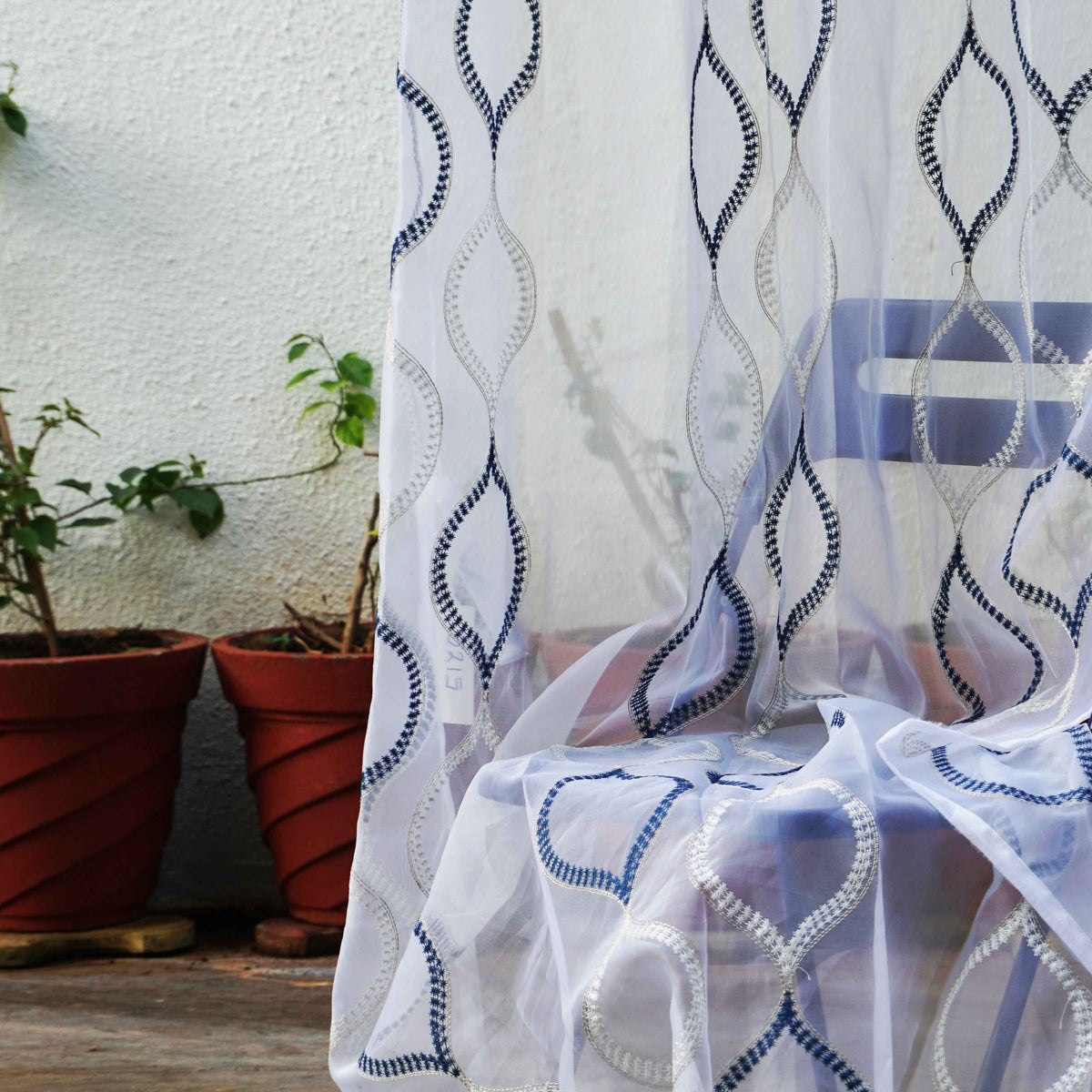 Sheer Tissue Eyelet Geometric Design Blue Window Curtain