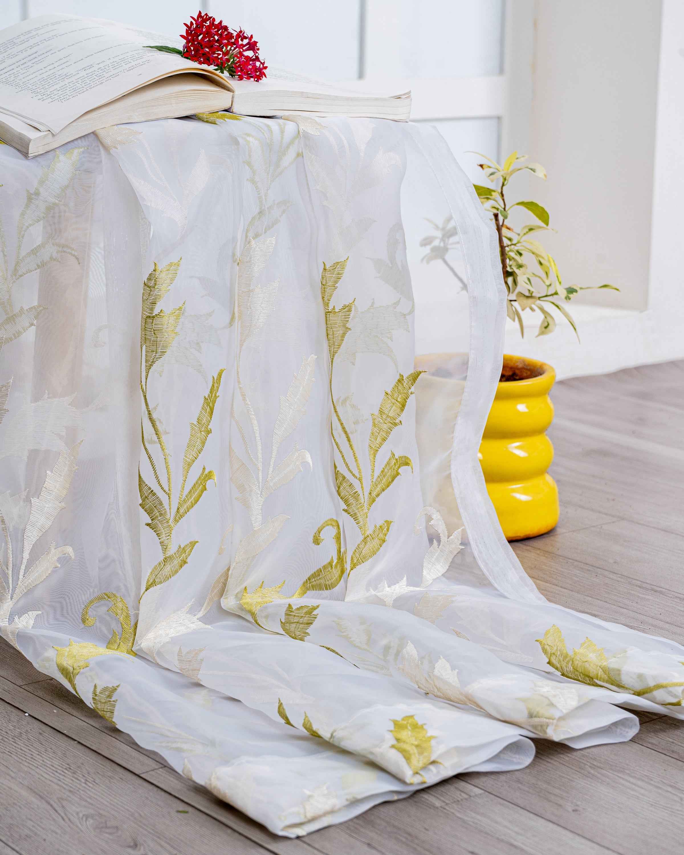 Parda online Premium Leaf Design Embroidery Tissue Curtain with Soft & Durable Fabric