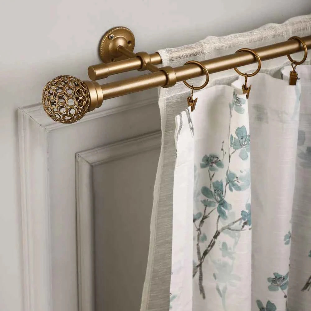 VENTILIA METAL FINIAL EXTENDABLE DOUBLE CURTAIN ROD GOLD 19MM (HARDWARE INCLUDED)