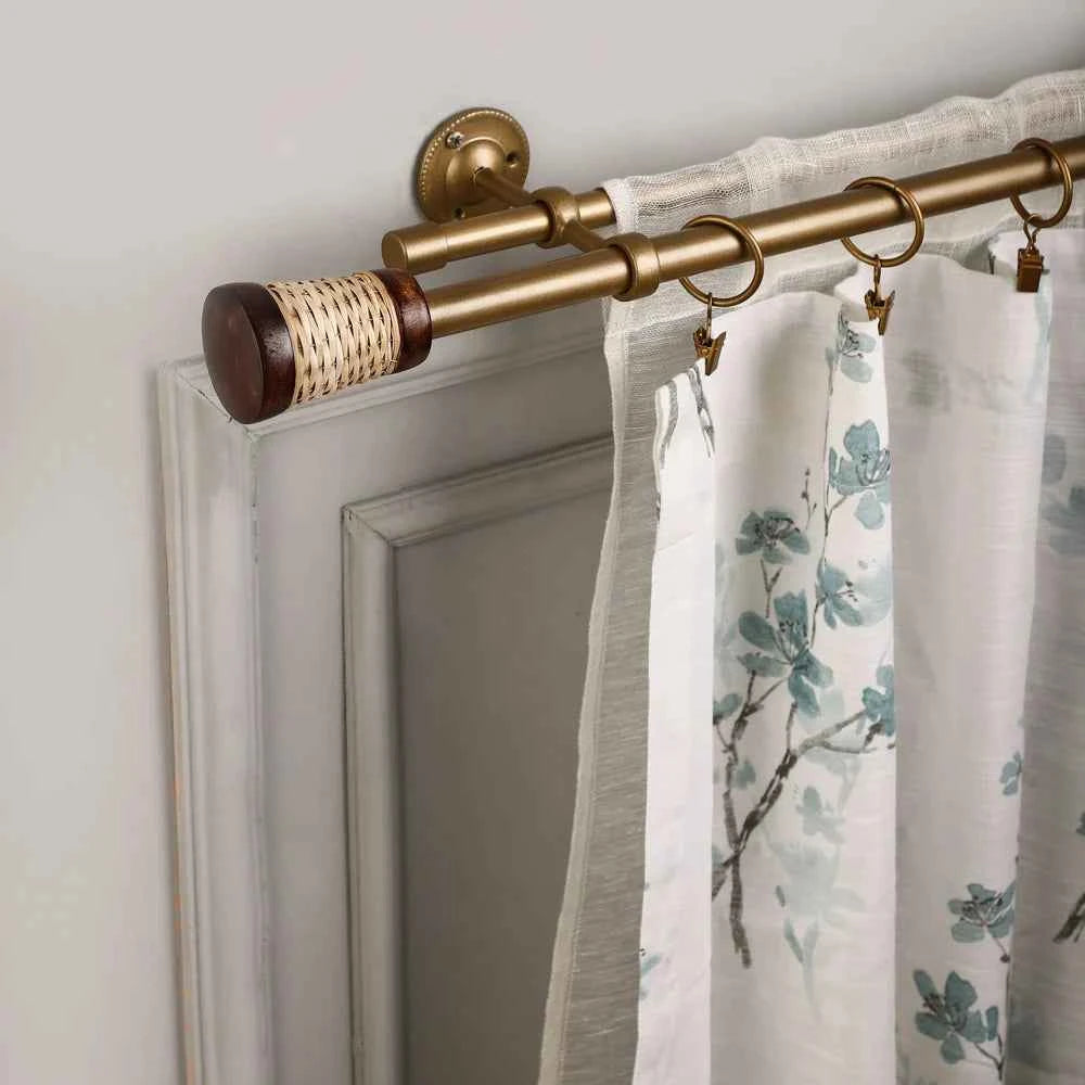 WICKER WOODEN WRAP FINIAL EXTENDABLE DOUBLE CURTAIN ROD GOLD 19MM (HARDWARE INCLUDED)