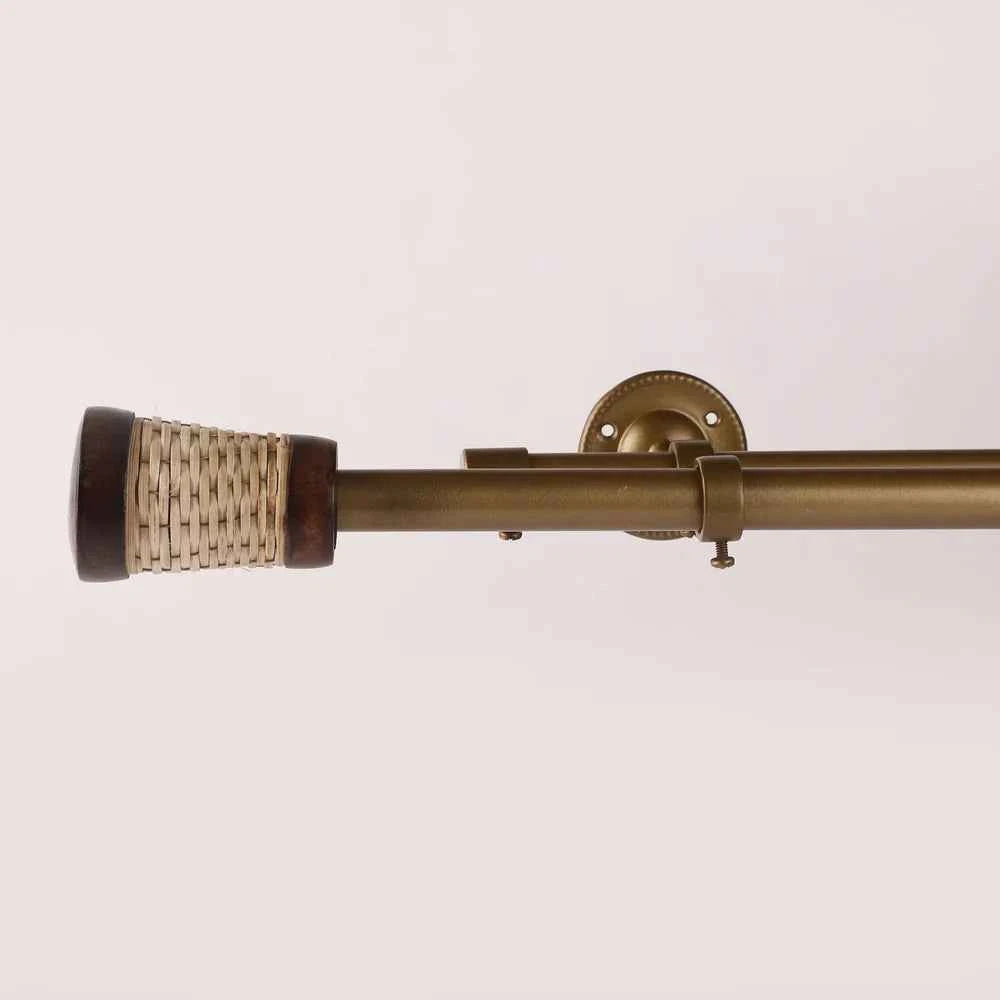 WICKER WOODEN WRAP FINIAL EXTENDABLE DOUBLE CURTAIN ROD GOLD 19MM (HARDWARE INCLUDED)